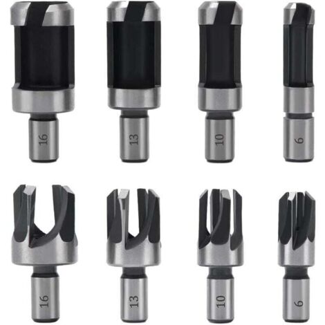 8 Pièces Fraise à Bouchonner Bois, Mèche à Bouchon Bois 6 mm/10 mm/13 mm/16 mm, Acier Carbone Bois Plug Perceuse pour le Travail du Bois, Forets à Bois à Griffe et Coniques