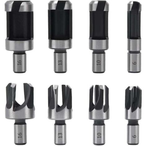 8 Pièces Fraise à Bouchonner Bois, Mèche à Bouchon Bois 6 mm/10 mm/13 mm/16 mm, Acier Carbone Bois Plug Perceuse pour le Travail du Bois, Forets à Bois à Griffe et Coniques
