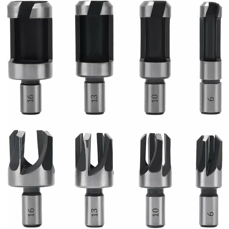 8 Pièces Fraise à Bouchonner Bois, Mèche à Bouchon Bois 6 mm/10 mm/13 mm/16 mm, Acier Carbone Bois Plug Perceuse pour le Travail du Bois, Forets à