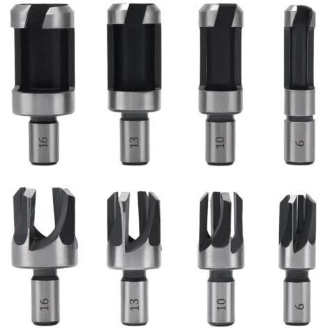 8 Pièces Fraise à Bouchonner, Mèche à Bouchon 6 mm/10 mm/13 mm/16 mm, Acier Carbone, Perceuse pour le Travail du Bois, Forets à Bois à Griffe et Coniques