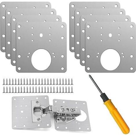 8 pièces Kit de réparation de charnière en acier inoxydable pour armoires de cuisine en bois et portes, avec vis et outils de montage.