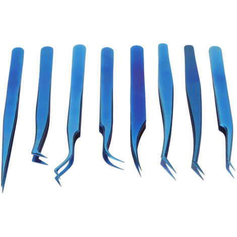 8 pièces Pince à Cils Pro en Acier Inox, Embout Fin Bleu Titane pour Pose d'Extensions de Cils
