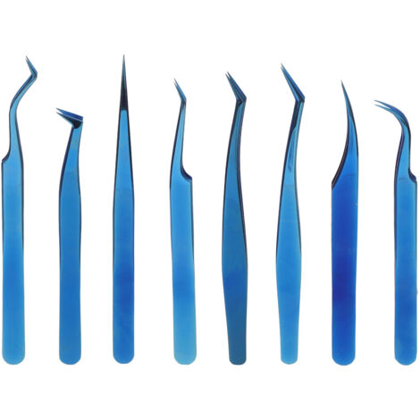 8 pièces Pince à Cils Professionnelle en Acier Inoxydable, Embout Fin Ergonomique Bleu Titane pour Extensions de Cils