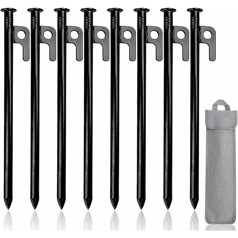 8 Pièces) Piquets De Tente Robustes, Piquets de Tente en Acier Forgé, 30cm Sardines Camping avec Crochet Clous de Fixation Sol Dur pour Tente Tarp