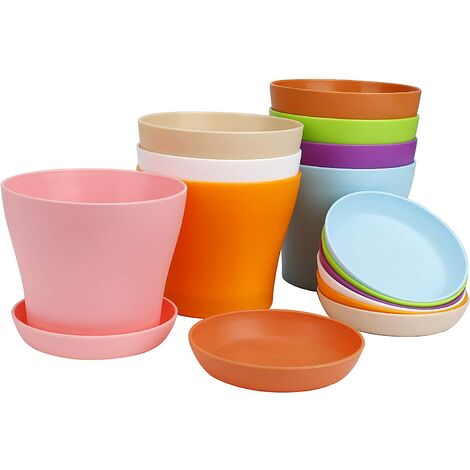 8 Pièces Pots de Fleurs en Plastique Coloré 10 cm Petite Pots de Plantes Interieur avec Trous de Drainage et Palette pour Maison Jardin Bureau Balcon 8 Couleurs