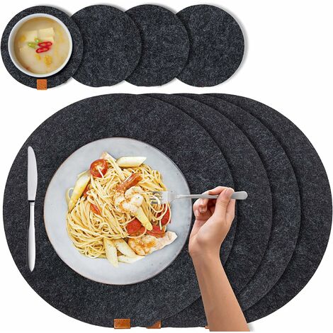 8 Pièces Set de Table Rond Antidérapant Dessous Verre Feutre épaissir Lavable Set de Table Rond Noir Imperméable,Résistant à La Chaleur pour Cuisines,Restaurants et Hôtels 2 Tailles