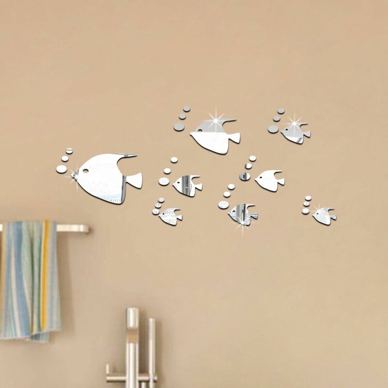 

8 piezas 3D peces tropicales efecto espejo pegatinas de pared diseño de moda calcomanía arte decoración del hogar plata