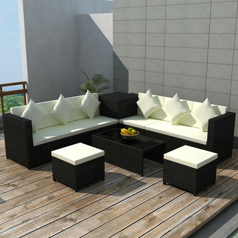 

8 piezas Muebles de jardín y cojines ratán sintético negro