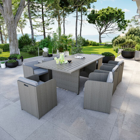 8 Places - Ensemble encastrable salon table de jardin aluminium et acier, housse de protection- Gris- CABOURG - Gris