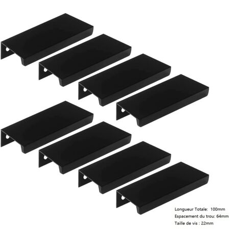 8 poignées encastrées pour armoires de cuisine, poignées invisibles en métal, poignées de tiroirs, ferrures modernes pour armoires, alliage d'aluminium, noir (longueur 100 mm)