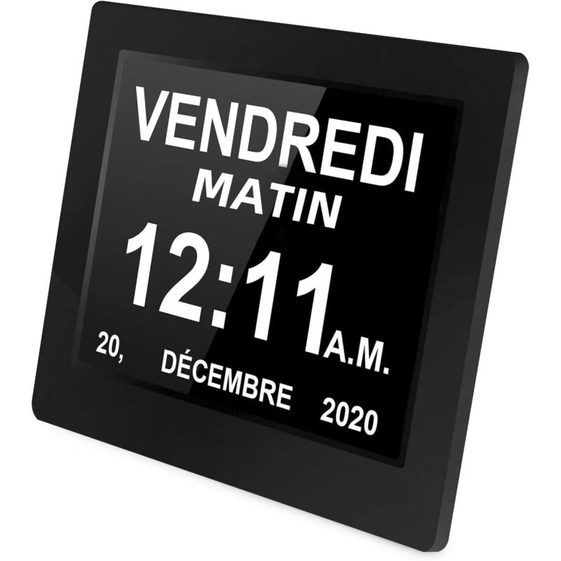 KZQ - 8 Pouces Horloge numérique Horloge de Jour Grand écran réveil Horloge Murale horloge Alzheimer pour parents (Noir)