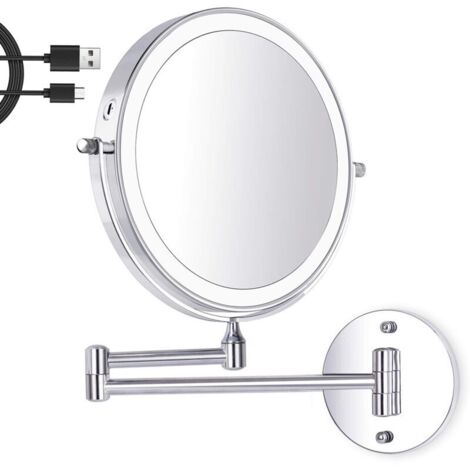 8 Pouces LED Miroir Maquillage Mural, Miroir Grossissant Lumineux, 1X/7X Grossissement 3 Couleurs de Lumière Réglables Charge USB, 360° Pivotant Extensible, pour Salles de Bain et Famille