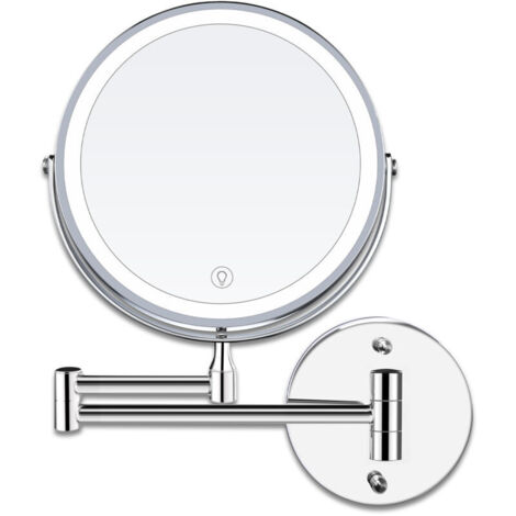 8 Pouces LED Miroirs Maquillage Mural Miroir Grossissant Lumineux, 1x/10x Grossissement Charge USB Réglable à 3 Couleurs, 360°Pivotant Extensible, pour Salles de Bain