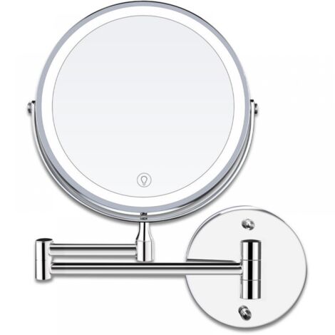 8 Pouces LED Miroirs Maquillage Mural Miroir Grossissant Lumineux, 1x/10x Grossissement Charge USB Réglable à 3 Couleurs, 360°Pivotant Extensible, pour Salles de Bain