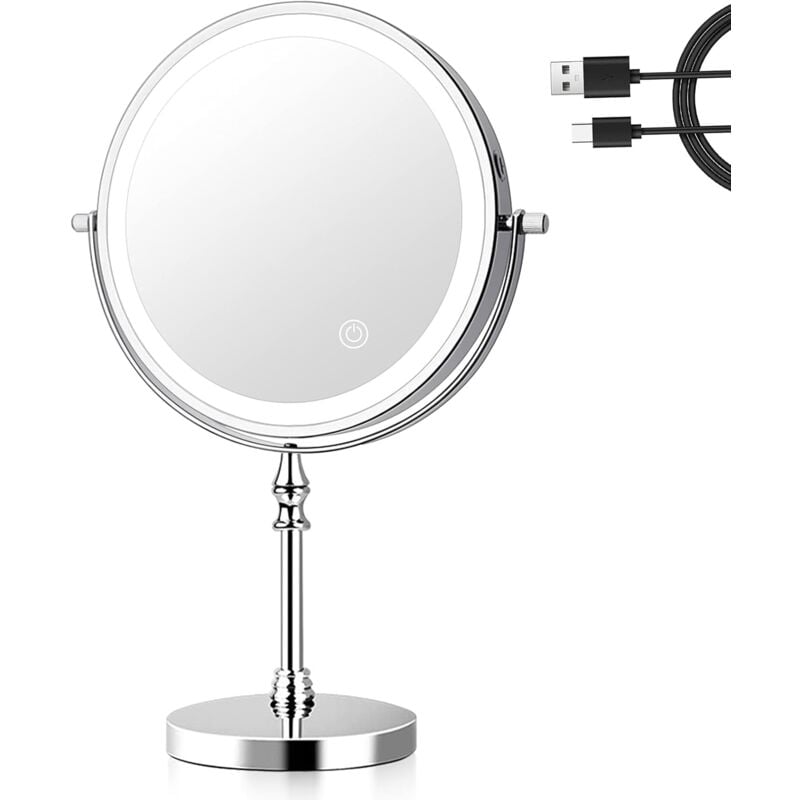 8 Pouces Miroir Grossissant Lumineux, 3 Couleurs Miroir Maquillage Lumineux, 1x/10x Grossissement Chargement usb, Miroir de Table Rotation à 360°,