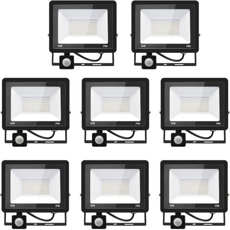 8 Projecteur Led Detecteur Mouvement 50W,5000LM Blanc Chaud IP66 Aluminium Pour Garage Jardin