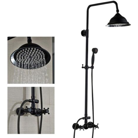 8" Retro Schwarz Duschsystem, 3 in 1 Dusche Duschset Duscharmatur inkl. Handbrause aus Messing, Kopfbrause aus Edelstahl