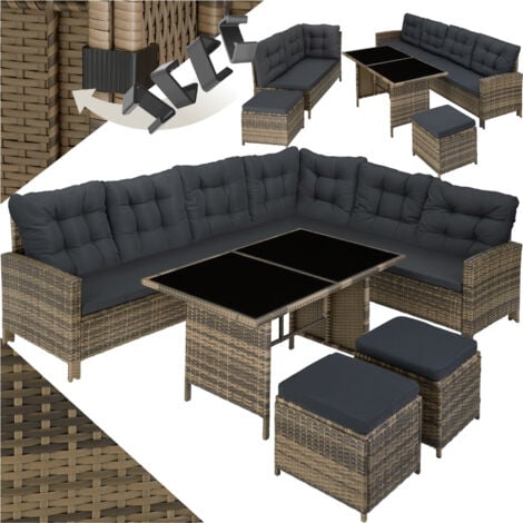 8 Seater Garden Furniture Set Barletta with Cushions, Footstools and Table - rattan garden furniture set, rattan garden furniture, lounge set - nature