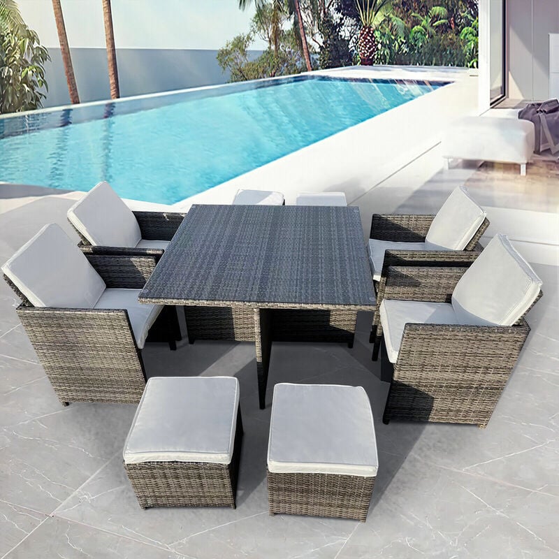 8 Seater Rattan Dining Table and Chair Cube Set w Cover