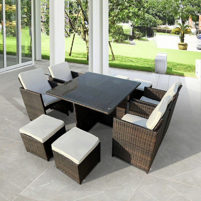 8 Seater Rattan Dining Table and Chair Cube Set w Cover - Brown