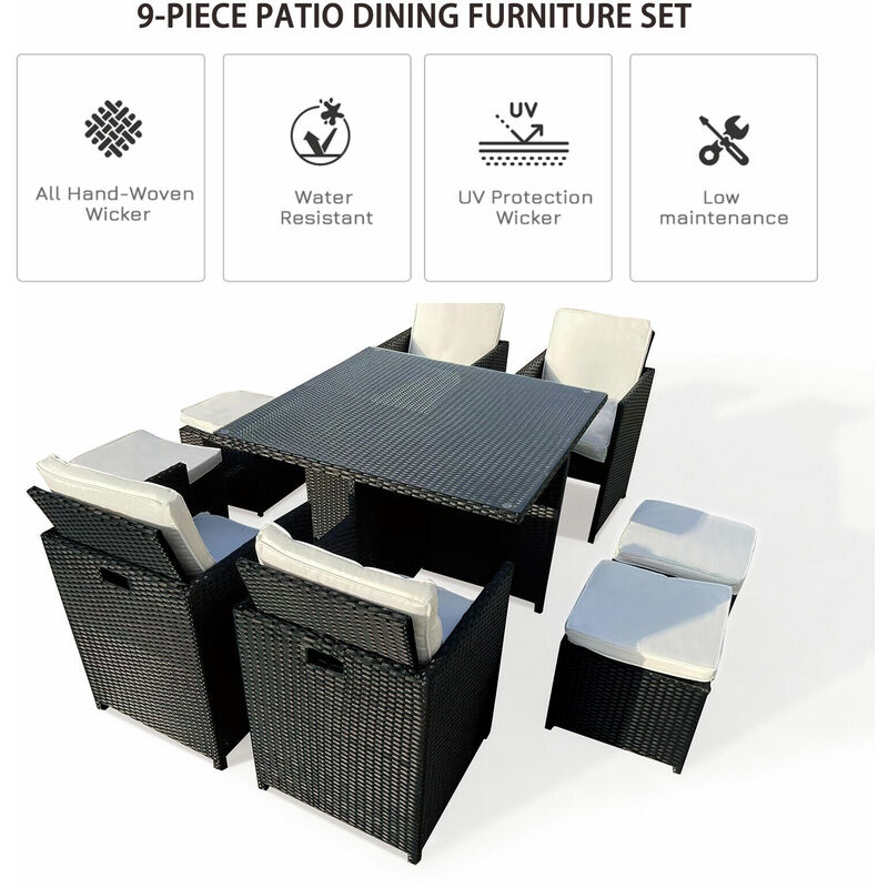 8 Seater Rattan Dining Table and Chair Cube Set w Cover - Black