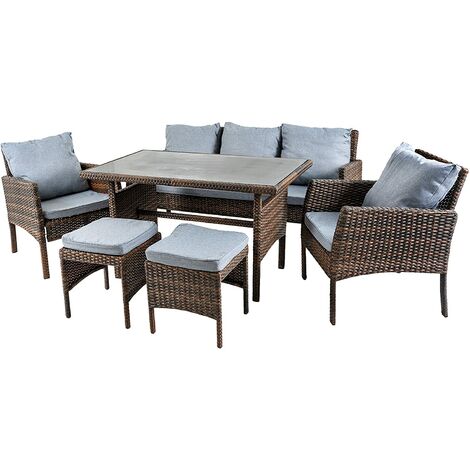 8 Seater Wicker Set of Grey Rattan 3 Seat Sofa, 2 Seat Sofa, Table, Chair, 2 Stools, Storage Box Indoor Outdoor Garden Furniture Patio Conservatory