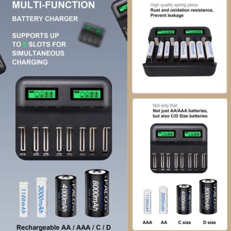 8 Slots Chargeur AA AAA Piles C D Batterie rechargeable, Chargeur de batterie USB intelligent multifonction LCD