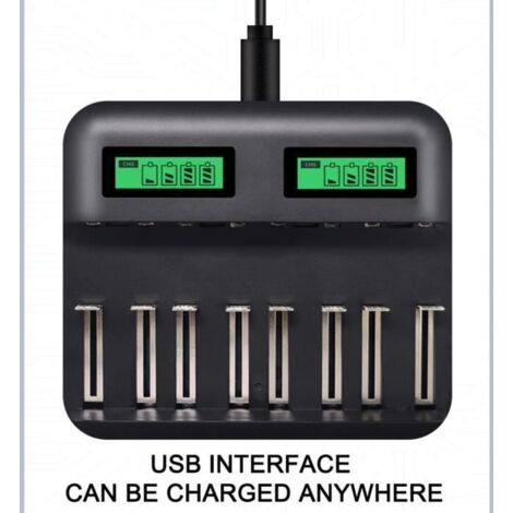 8 Slots Chargeur AA AAA Piles C D Batterie rechargeable, Chargeur de batterie USB intelligent multifonction LCD