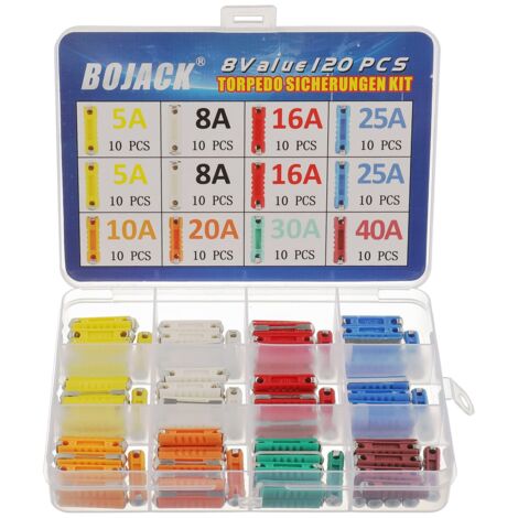 8 Sortes 120 Pièces Fusibles Torpilles 5A 8A 10A 16A 20A 25A 30A 40A - Protège les Circuits Automobiles - Boîte en Plastique pour Voitures Anciennes