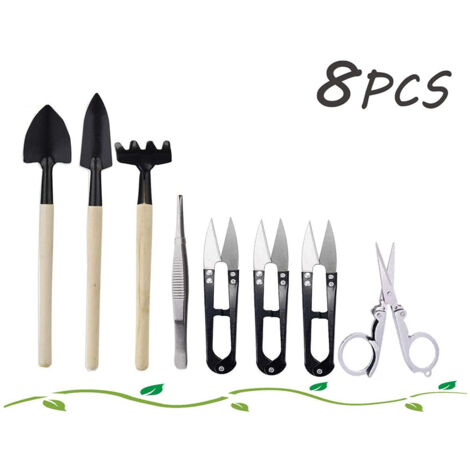 8-teiliges Bonsai-Gartenwerkzeugset aus Eisen mit Rechen, Schaufeln, Zange und Schere