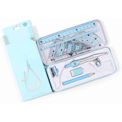 8-teiliges Geometrie-Set für Schüler, inklusive Zirkel, Lineal, Winkelmesser, Bleistift, Radiergummi, Technisches Zeichenset (blau oder rosa)