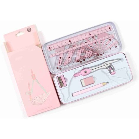 8-teiliges Geometrie-Set: Schülerset mit Lineal, Zirkel, Winkelmesser, Bleistift und Radiergummi für technische Zeichnungen  Blau/Rosa  160 mm