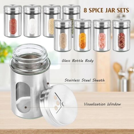 8-teiliges Gewürzglas-Set mit Drehdeckeln, Edelstahl-Gewürztöpfe mit 3 verschiedenen Lochgrößen für Salz, Pfeffer, Kräuter, Grillgewürze und Küchengewürze, 90 ml
