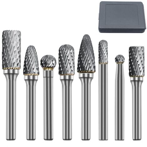 8-teiliges Set Hartmetall-Rotationsfräser, Doppelschneider, 6 mm Schaft, 6 mm/10 mm/12 mm Kopf, elektrisches Bohr-/Schleifwerkzeug zum Metallschnitzen, Polieren und Gravieren