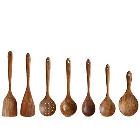 8-teiliges Teak-Löffel-Sieb mit langem Griff, Löffel aus Holz, Antihaft-Spatel, Küchenwerkzeug-Set