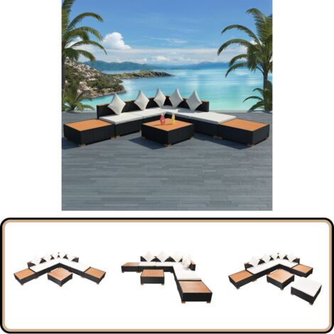 8-tlg. Garten-Lounge-Set mit Auflagen Poly Rattan Schwarz - Gartengeräte - Lounge-Set - Gartenmöbel - Outdoor-Sitzgruppe - Rattan-Möbel