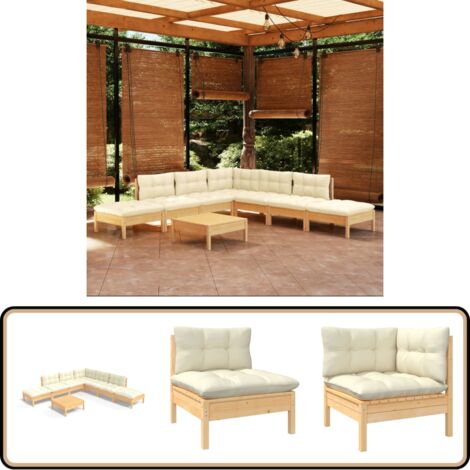 8-tlg. Garten-Lounge-Set mit Creme Kissen Kiefernholz - Gartengeräte - Lounge Set - Gartenmöbel - Outdoor Möbel - Kiefernholz