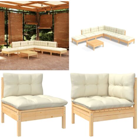 8-tlg. Garten-Lounge-Set mit Creme Kissen Kiefernholz - Gartengeräte - Lounge Set - Gartenmöbel - Outdoor Möbel - Kiefernholz - Home & Living