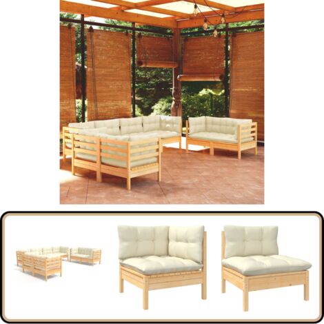 8-tlg. Garten-Lounge-Set mit Creme Kissen Massivholz Kiefer - Garten Lounge Set - Kiefernholzmöbel - Outdoor Möbel - Gartengeräte - Loungemöbel