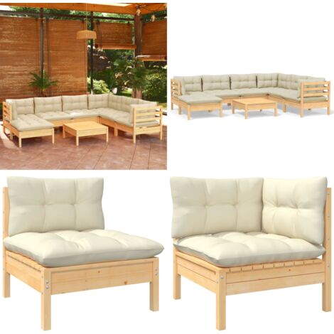 8-tlg. Garten-Lounge-Set mit Creme Kissen Massivholz Kiefer - Garten Lounge Set - Kiefernholzmöbel - Outdoor Möbel - Gartengeräte - Loungemöbel - Home & Living