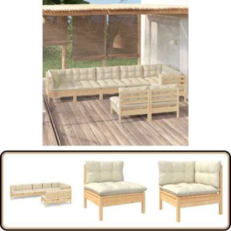 8-tlg. Garten-Lounge-Set mit Creme Kissen Massivholz Kiefer - Garten Lounge Set - Kiefernholzmöbel - Outdoor Möbel - Gartenzubehör - Loungemöbel