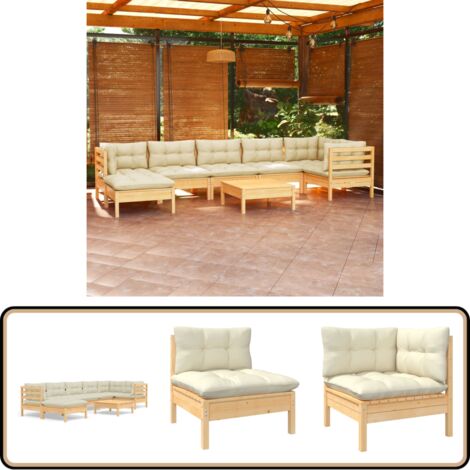 8-tlg. Garten-Lounge-Set mit Creme Kissen Massivholz Kiefer - Gartengeräte - Lounge Möbel - Gartenmöbel Set - Kiefernholzmöbel - Outdoor Furniture