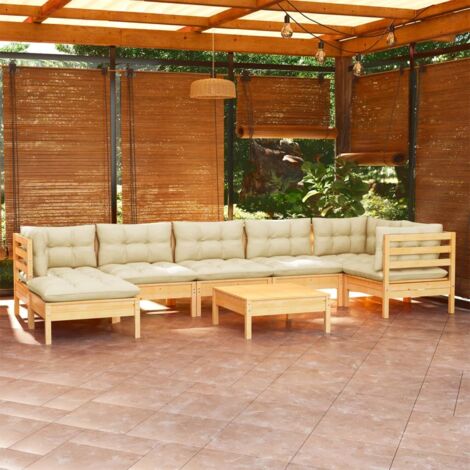 8-tlg. Garten-Lounge-Set mit Creme Kissen Massivholz Kiefer vidaXL
