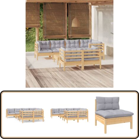 8-tlg. Garten-Lounge-Set mit Grauen Kissen Kiefer Massivholz - Gartenmöbel - Lounge Set - Garten-Sofa - Rattan Möbel - Outdoor Furniture