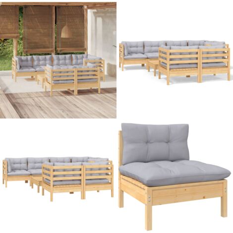 8-tlg. Garten-Lounge-Set mit Grauen Kissen Kiefer Massivholz - Gartenmöbel - Lounge Set - Garten-Sofa - Rattan Möbel - Outdoor Furniture - Home & Living
