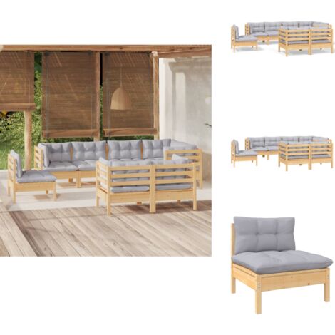 8-tlg. Garten-Lounge-Set mit Grauen Kissen Kiefer Massivholz - Gartensessel - Lounge Set - Gartenmöbeln - Rattan Möbel - Kiefernholzmöbel