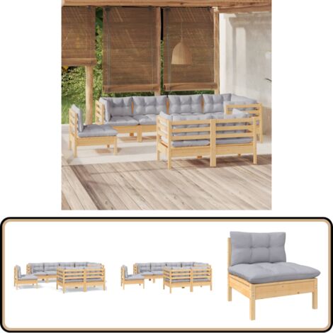 8-tlg. Garten-Lounge-Set mit Grauen Kissen Kiefer Massivholz - Gartensessel - Lounge Set - Gartenmöbeln - Rattan Möbel - Kiefernholzmöbel