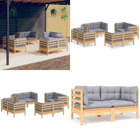 8-tlg. Garten-Lounge-Set mit Grauen Kissen Kiefernholz - Gartenmöbel - Loungesessel - Gartenloungeset - Outdoor Möbel - Rattan Sessel - Home & Living