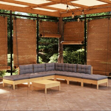 8-tlg. Garten-Lounge-Set mit Grauen Kissen Kiefernholz vidaXL