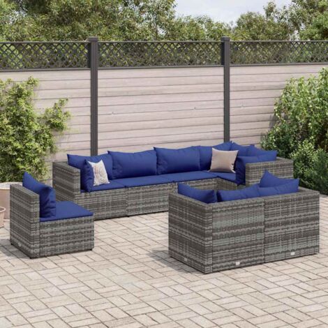 8-tlg. Garten-Lounge-Set mit Kissen Grau Poly Rattan vidaXL